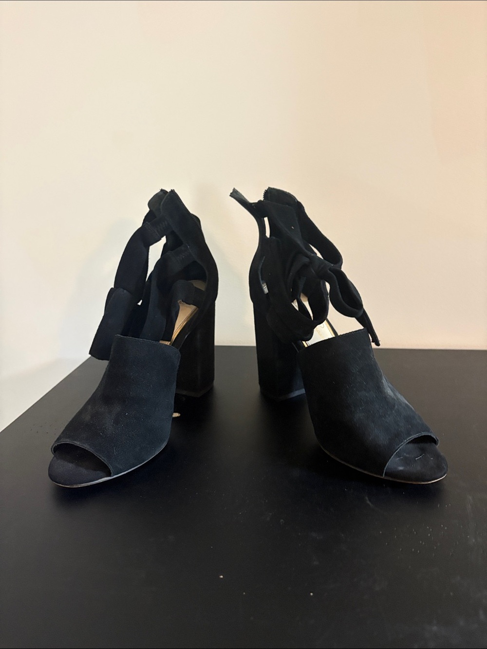 Jessica Simpson Black Suede Peep-Toe Block Heels with Ankle Wrap